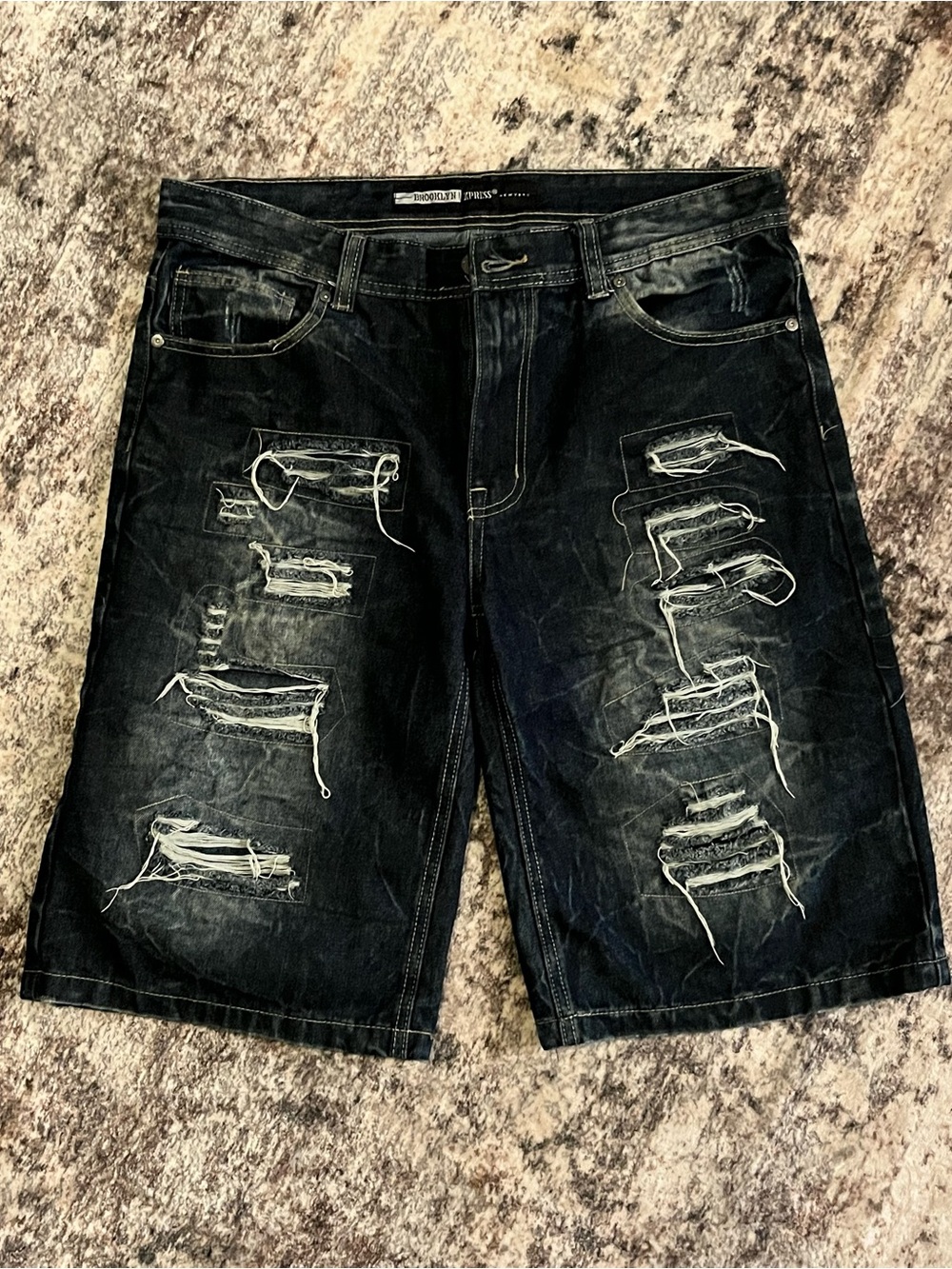 Brooklyn Xpress - Distressed Dark Blue Men's Denim Shorts - Casual Ripped Style